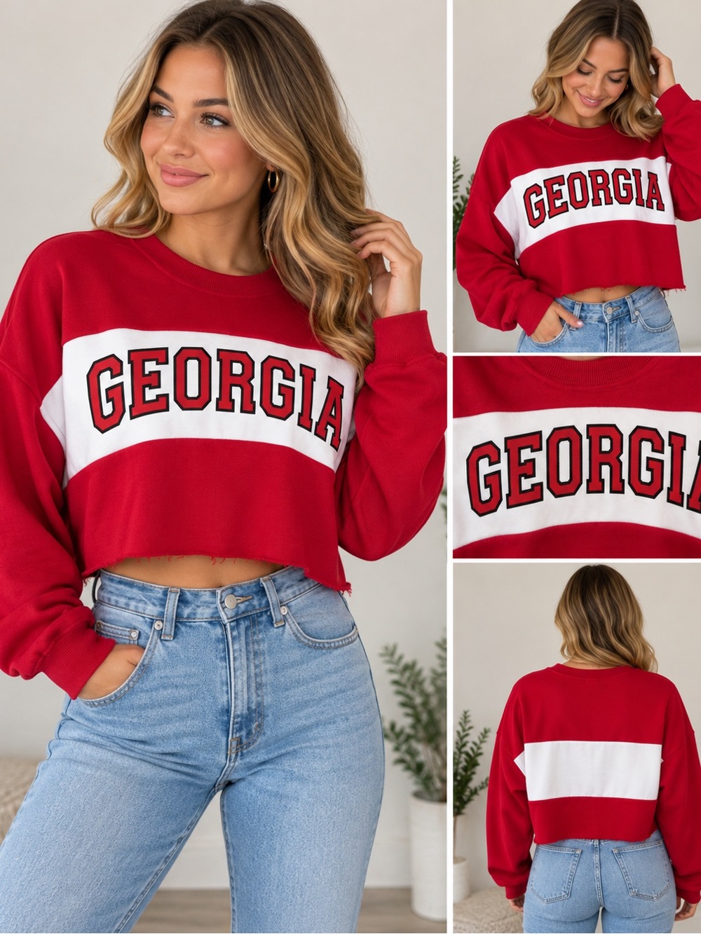 Le Lis Georgia Bulldogs Red White Cropped Sweatshirt Medium NWT